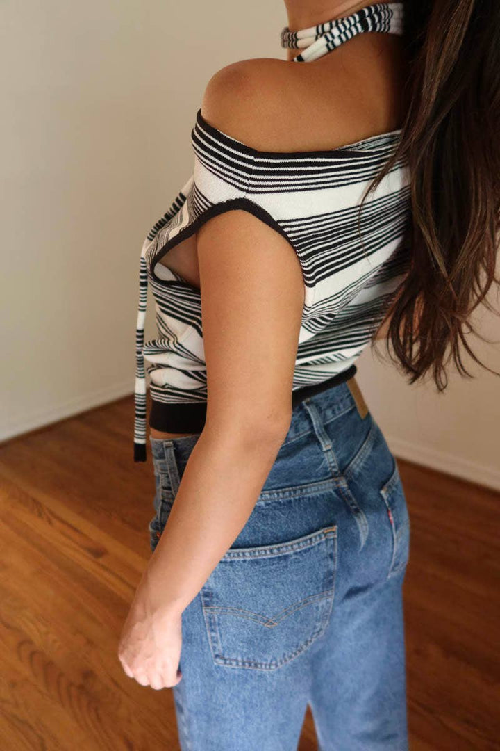 Striped Boat Neck Top W Scarf