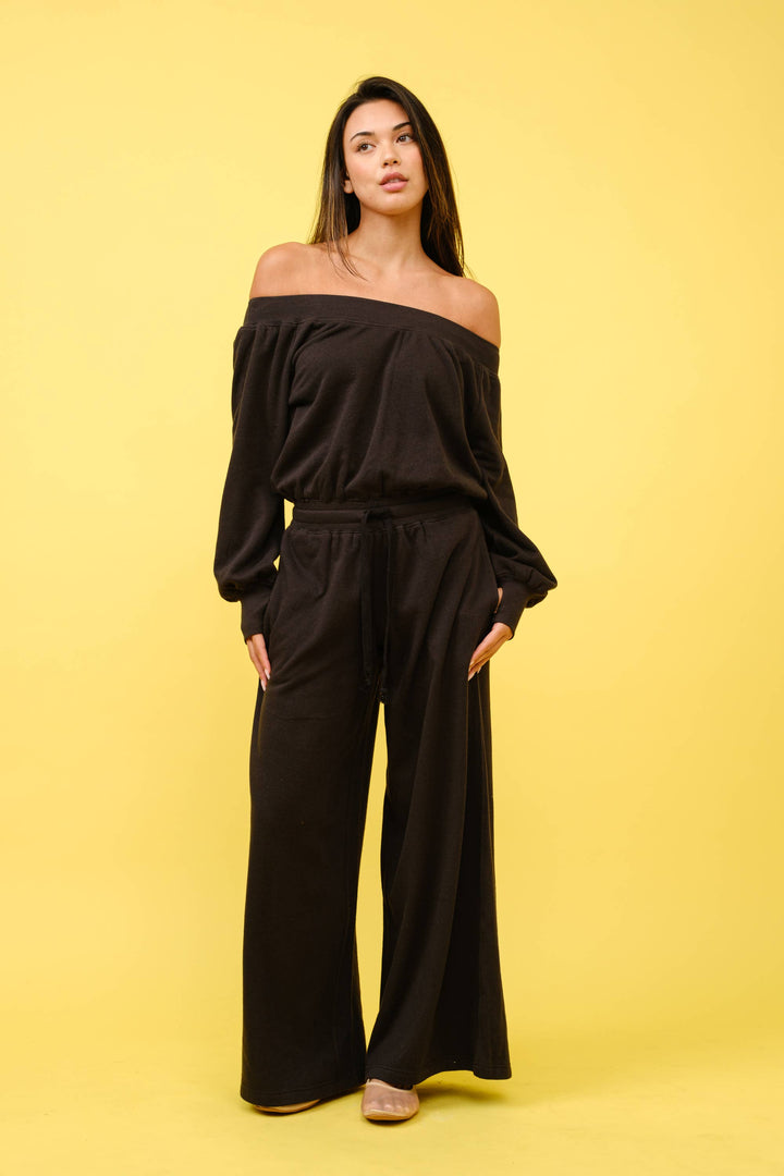 FRENCH TERRY OFF SHOULDER JUMPSUIT