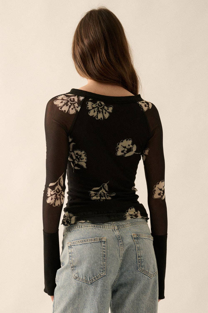 Floral-Print Mesh Top