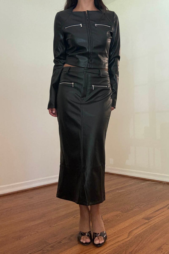 Faux Leather Zipper Detail Midi Skirt