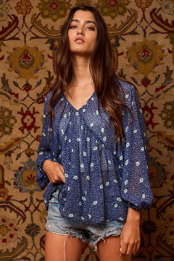 Floral Print Lurex Chiffon Blouse Top