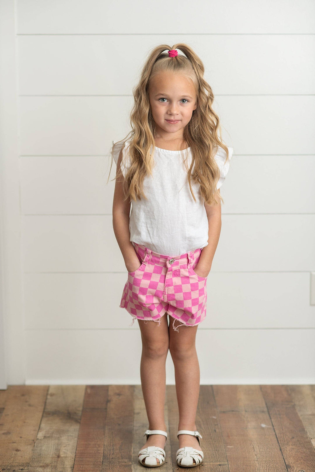 Kids Pink Checkered Denim Jean Spring Summer Shorts