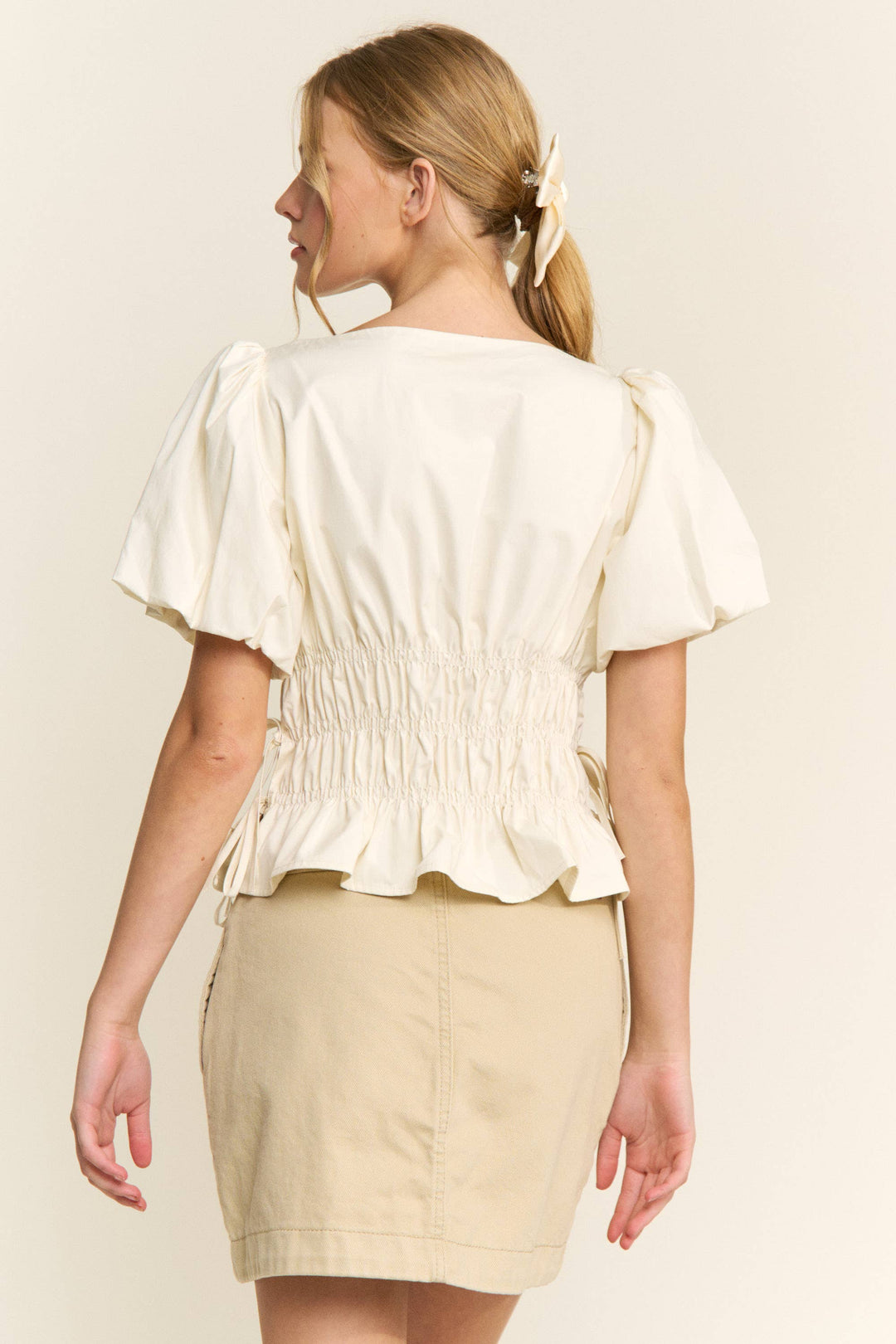 Boat Neckline Smocked Puff Sleeves Top: