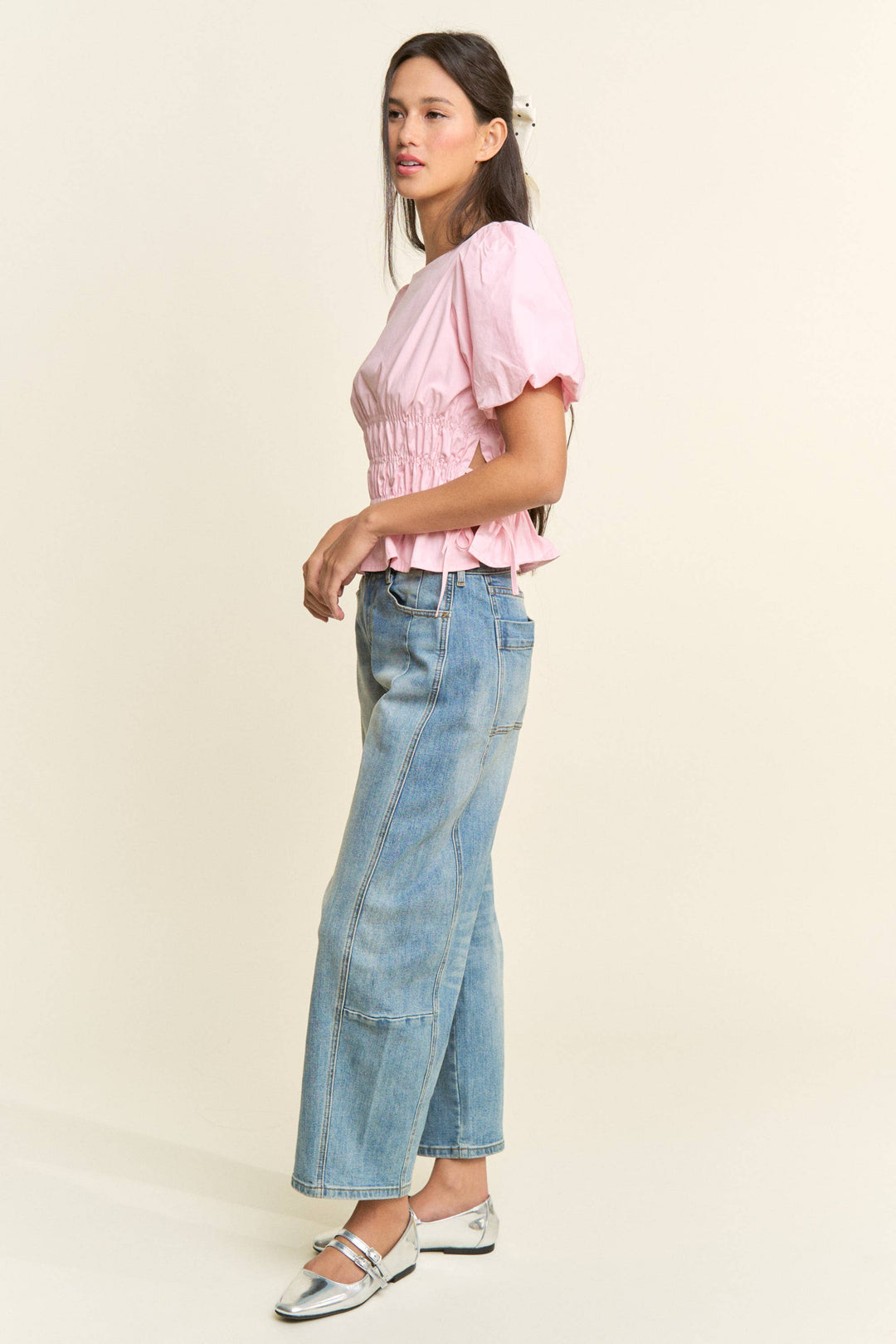 Boat Neckline Smocked Puff Sleeves Top: