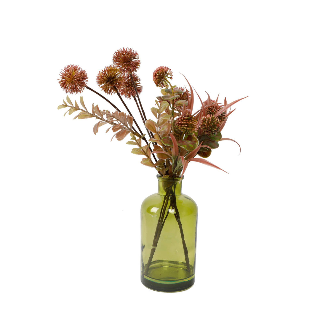 Faux Floral Arrangement in Green Glass Bottle