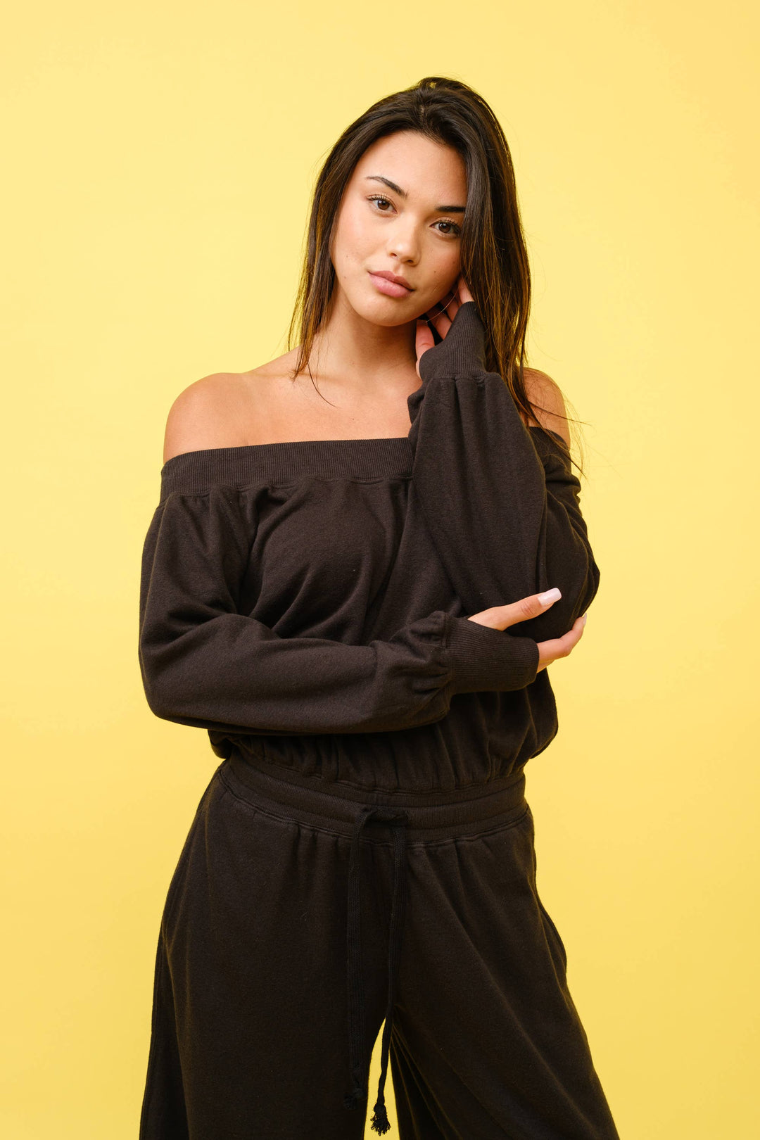 FRENCH TERRY OFF SHOULDER JUMPSUIT