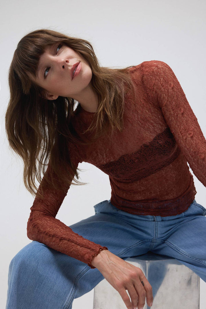 Crew neck See-through Lace Top