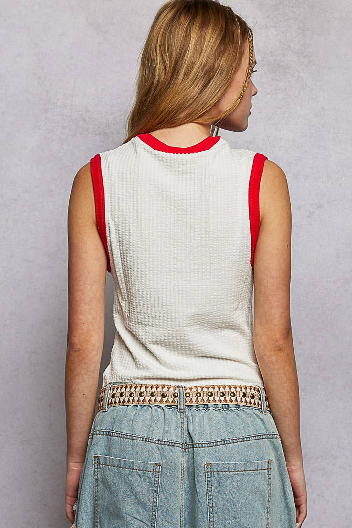 V-neck Sleeveless Contrast Rib Knit Top