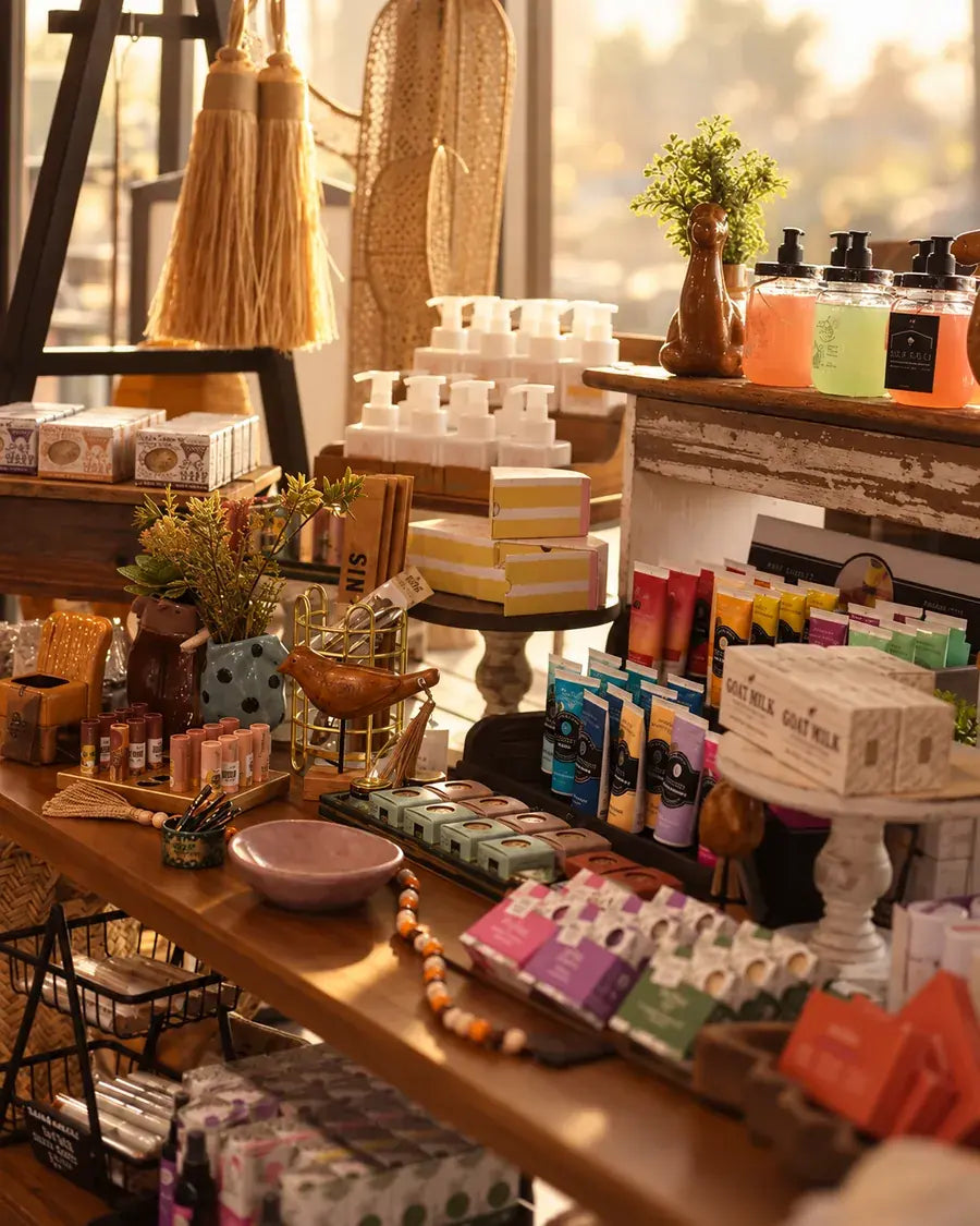 A rustic, warmly lit boutique display featuring an assortment of handcrafted soaps, bath products, candles, and home decor items arranged on wooden shelves and tables.