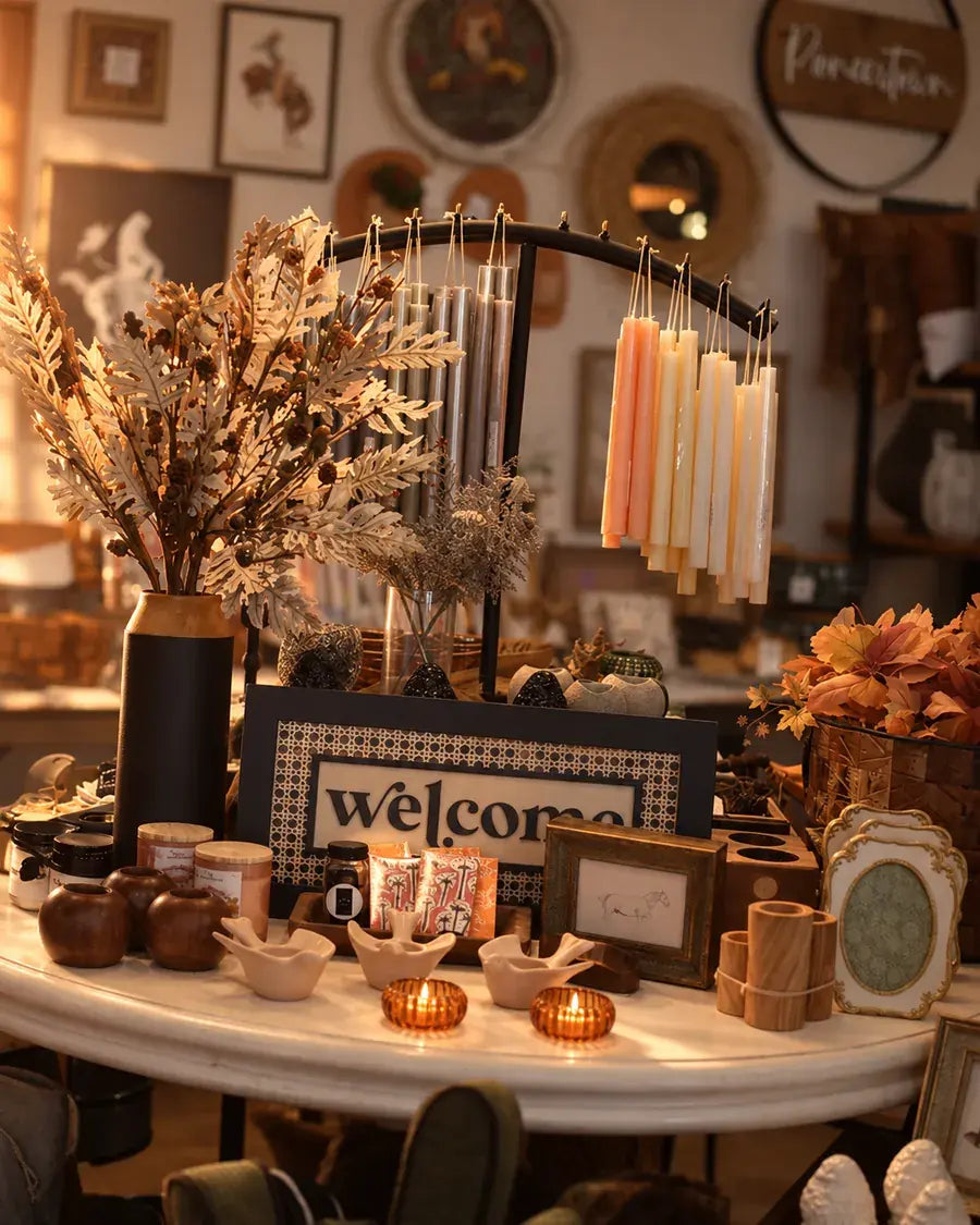 A cozy, rustic boutique display featuring a collection of candles, wind chimes, dried botanicals, and framed art. A central sign reads 'welcome', surrounded by various decorative items on a white table in a warmly lit shop interior.