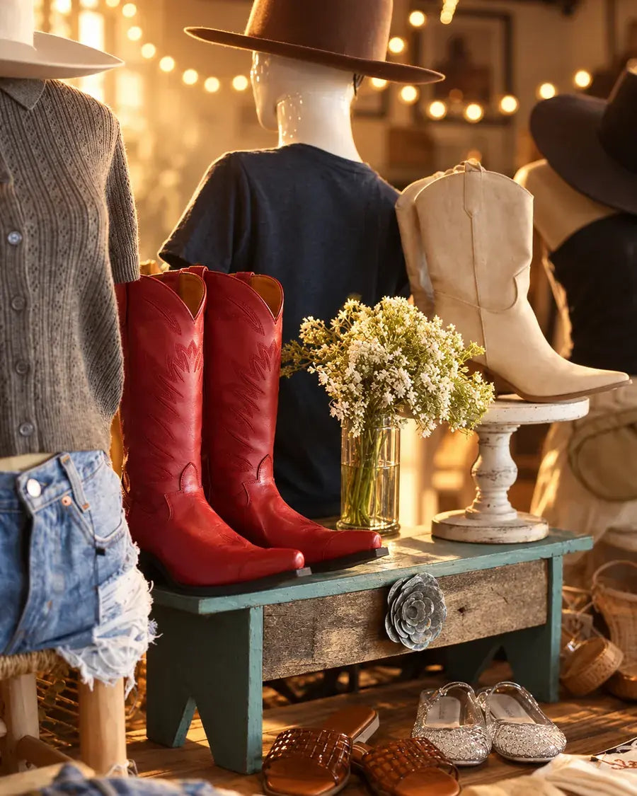 A styled retail display featuring a pair of red leather cowboy boots on a teal wooden chest, next to a cream-colored boot on a white pedestal. The scene includes mannequins wearing denim shorts and a gray cardigan, a vase of white flowers, and warm string lights in the background.
