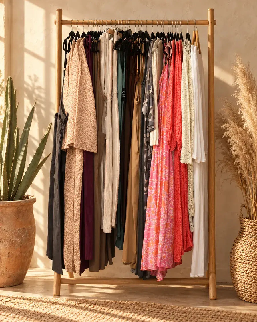 A wooden clothing rack holding a curated collection of long-sleeve dresses and tops in earthy tones, set in a warm, sunlit room with potted plants and woven decor.