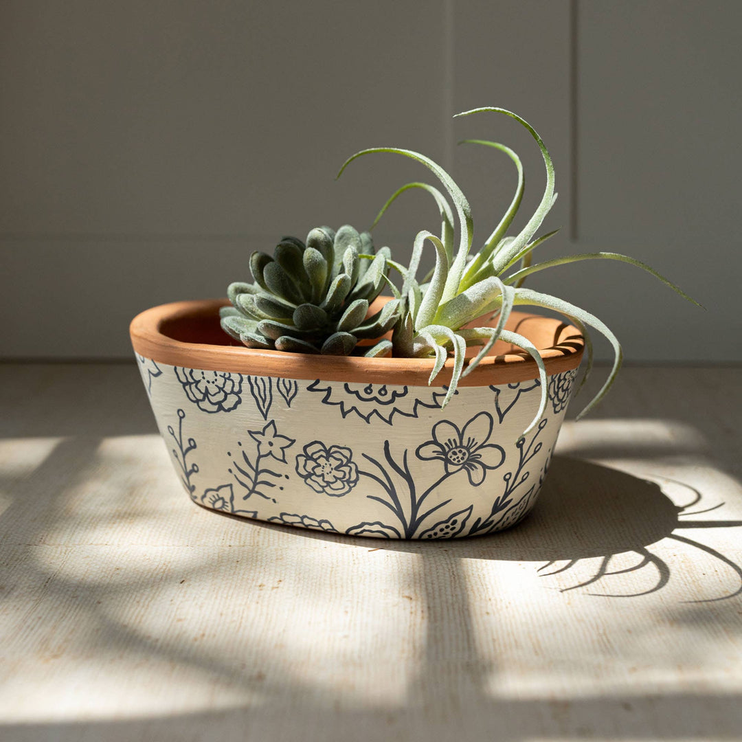 Marguerite Floral Suzani Terracotta Oval Planter