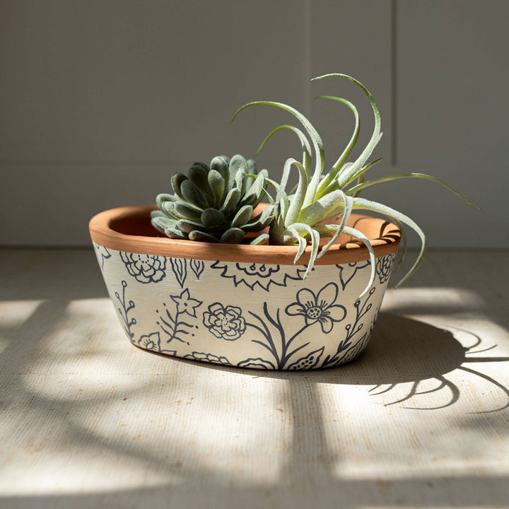 Marguerite Floral Suzani Terracotta Oval Planter