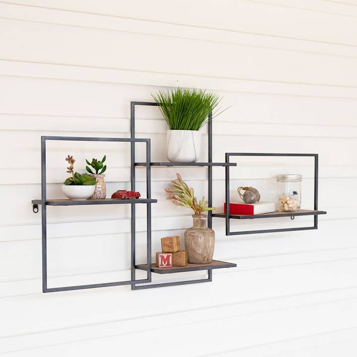 Multi Level Wood and Metal Wall Shelf