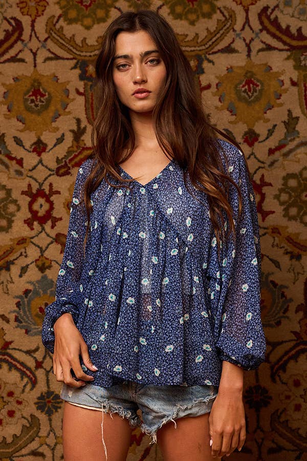 Floral Print Lurex Chiffon Blouse Top