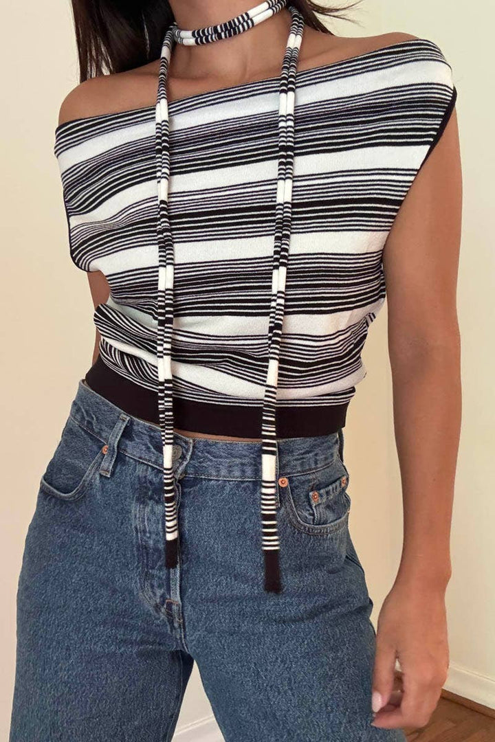 Striped Boat Neck Top W Scarf