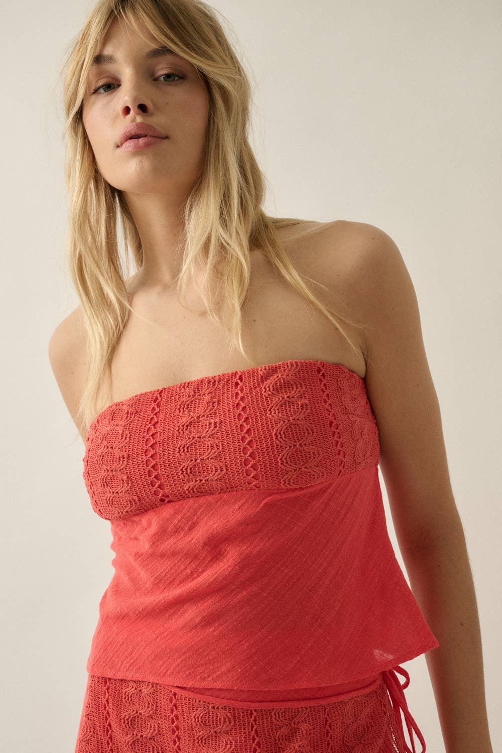Gauze & Crochet Lace Strapless Top