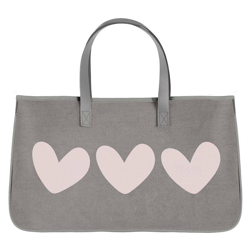 Grey Canvas Tote - Hearts: 20"W x 11"H x 6"D