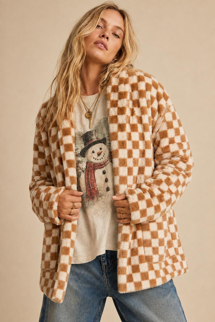 Checkmate Faux Fur Cardigan Jacket