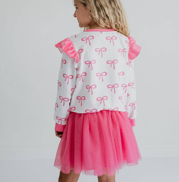 Girls White & Hot Pink Coquette Bow and Tulle Skirt Set