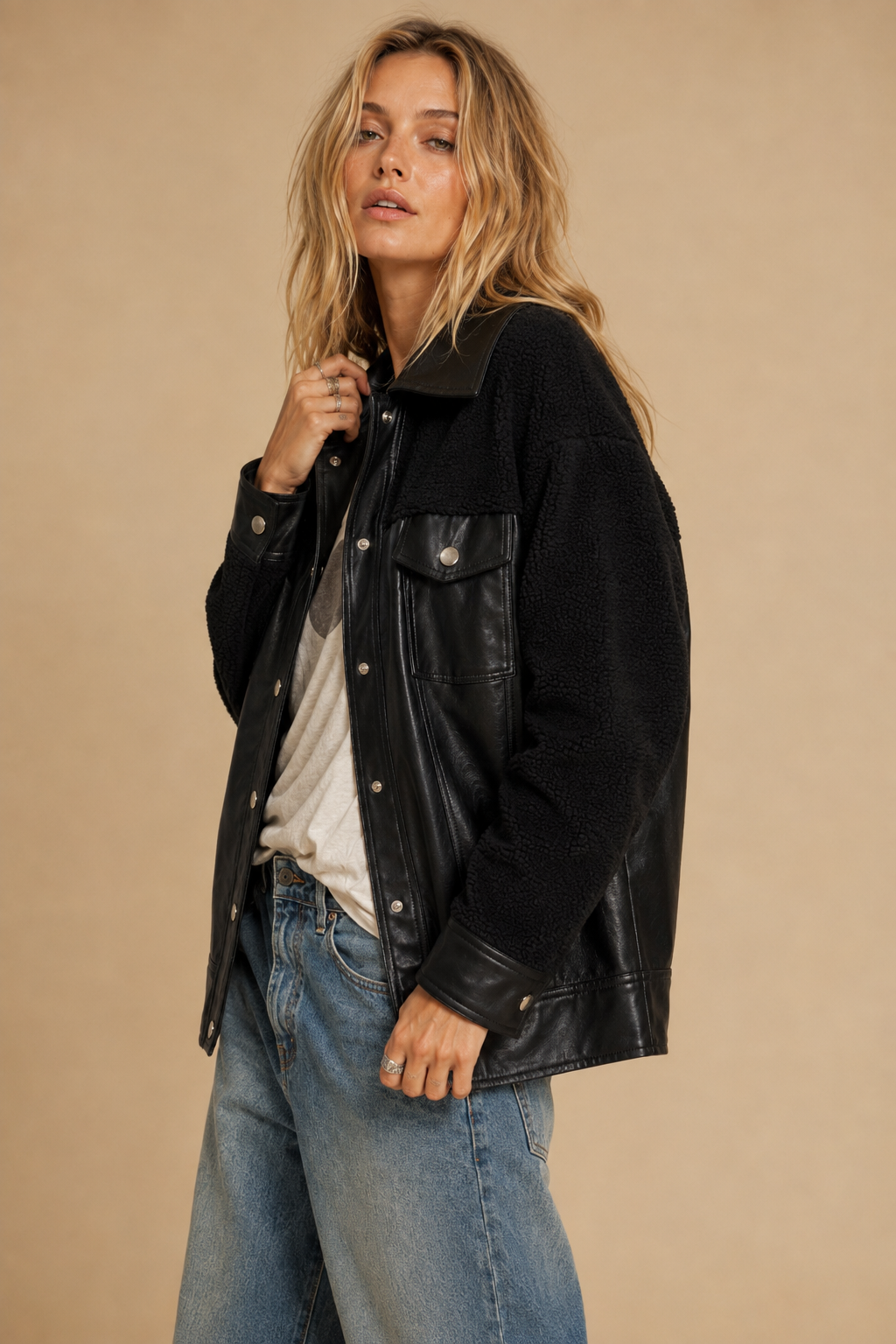 Faux Leather &amp; Sherpa Hybrid Shacket