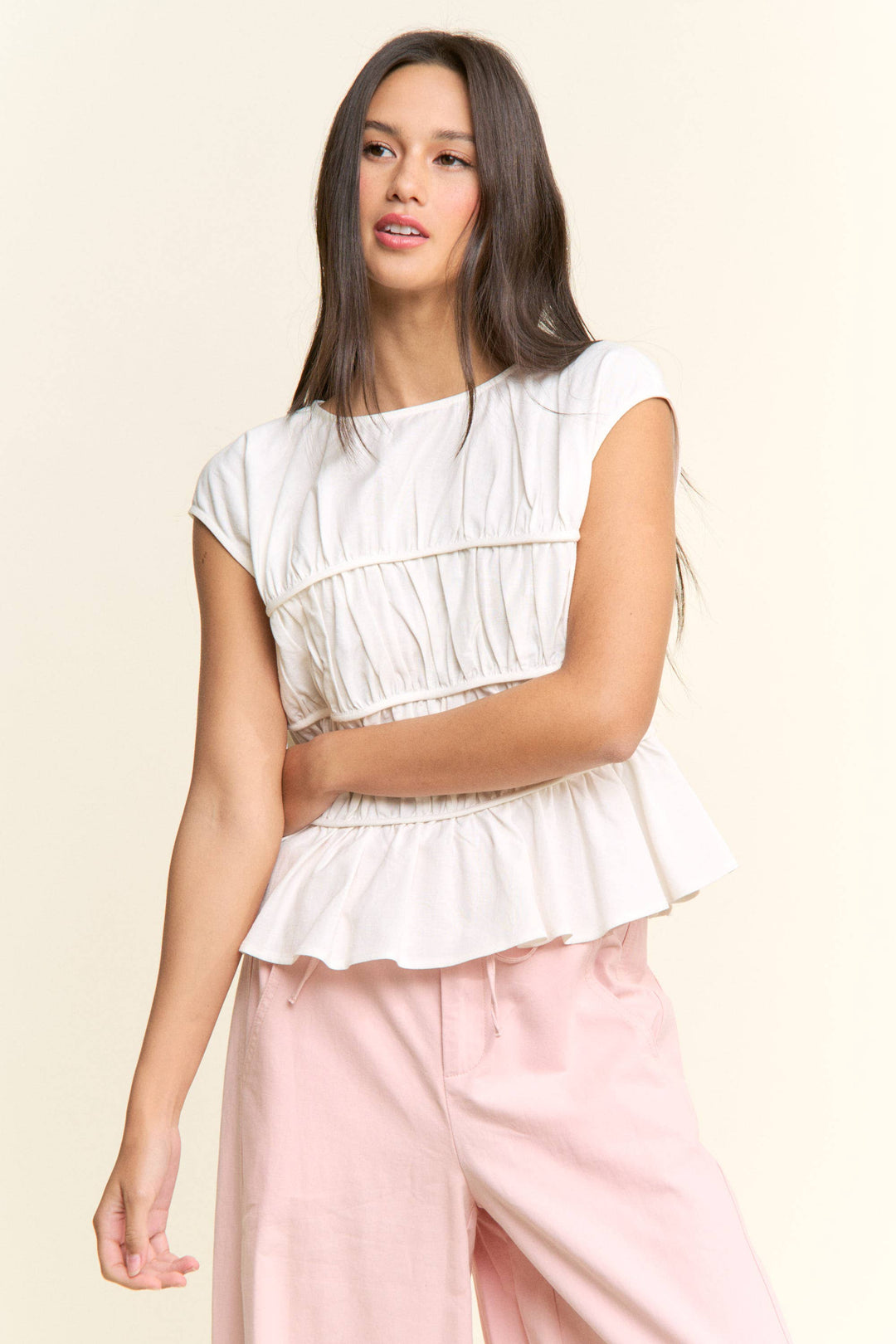 Cap Sleeve Ruched Peplum Top