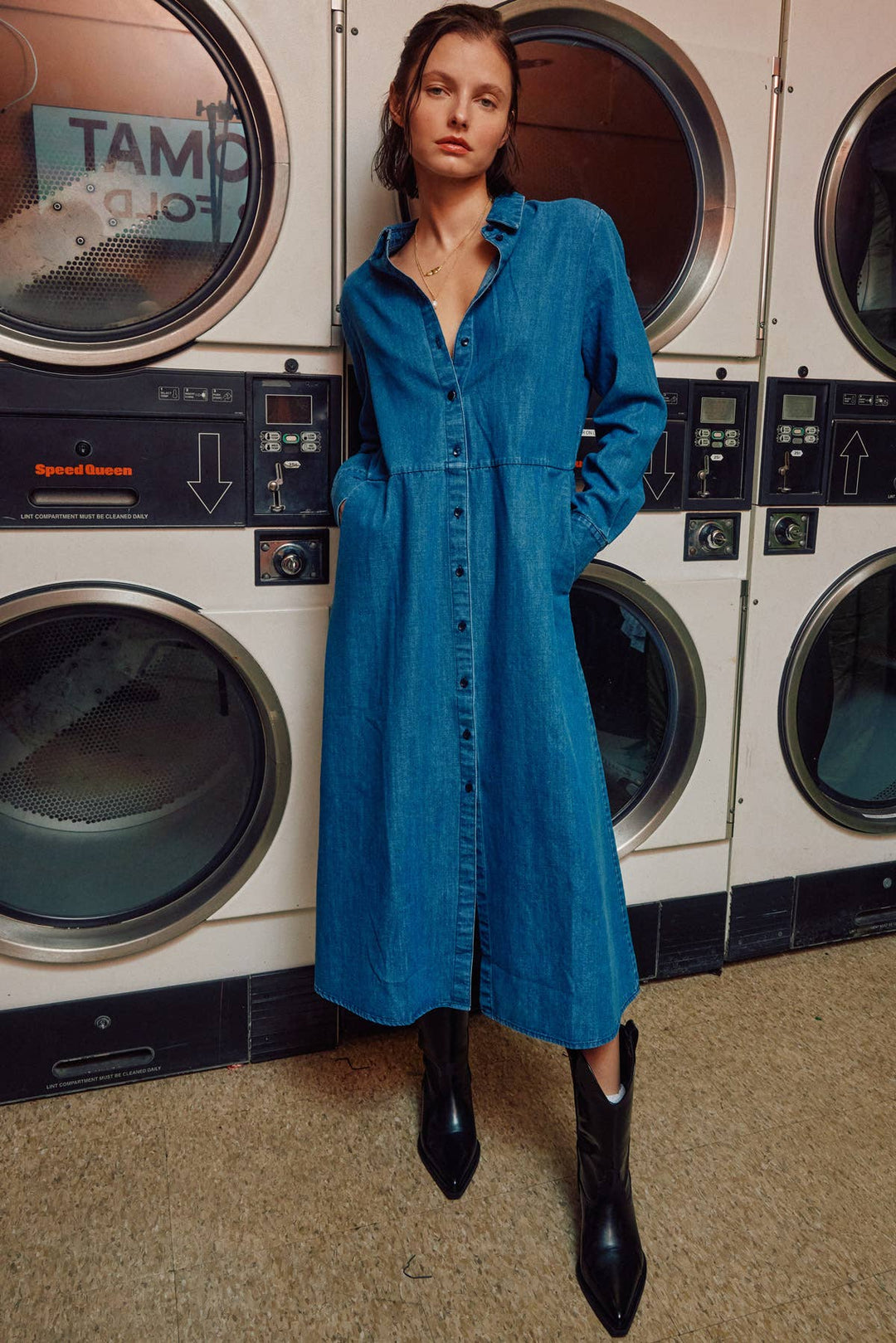 Button down Long Sleeves Denim Shirts Dress: