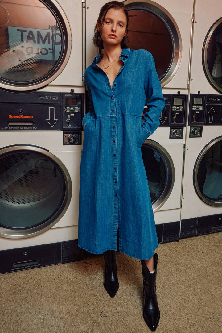 Button down Long Sleeves Denim Shirts Dress: