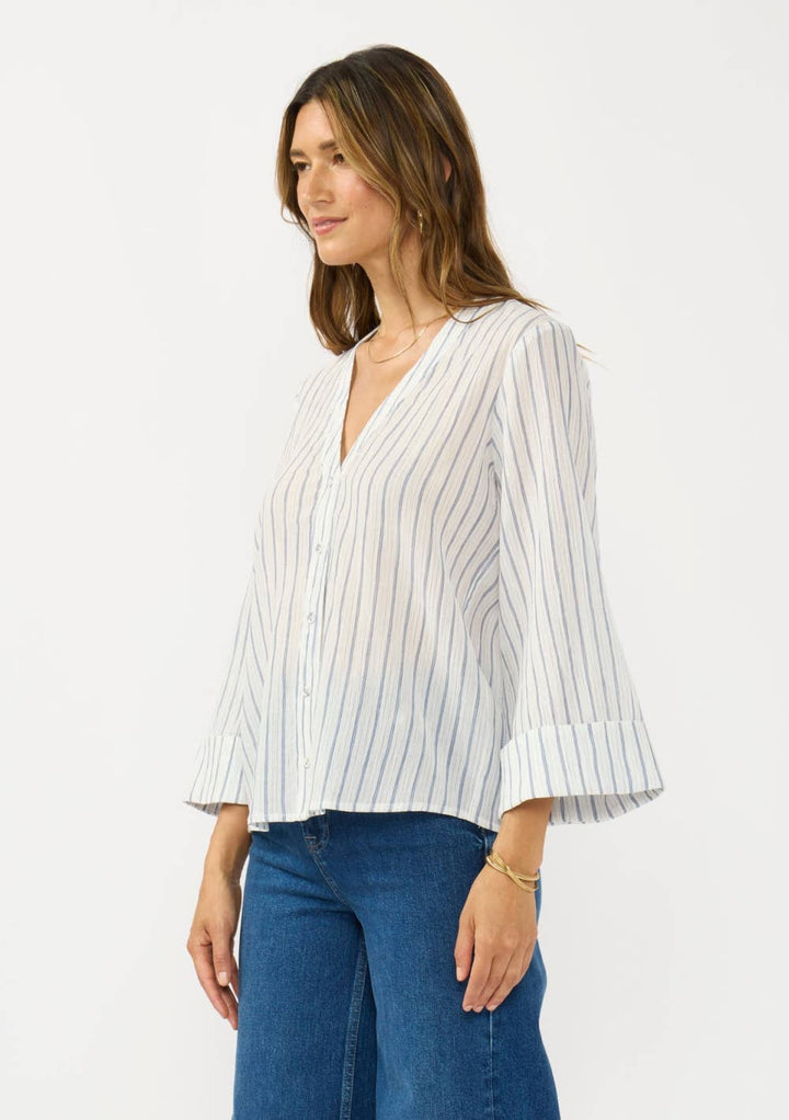 V-Neck Button Down Wide Sleeve Blouse