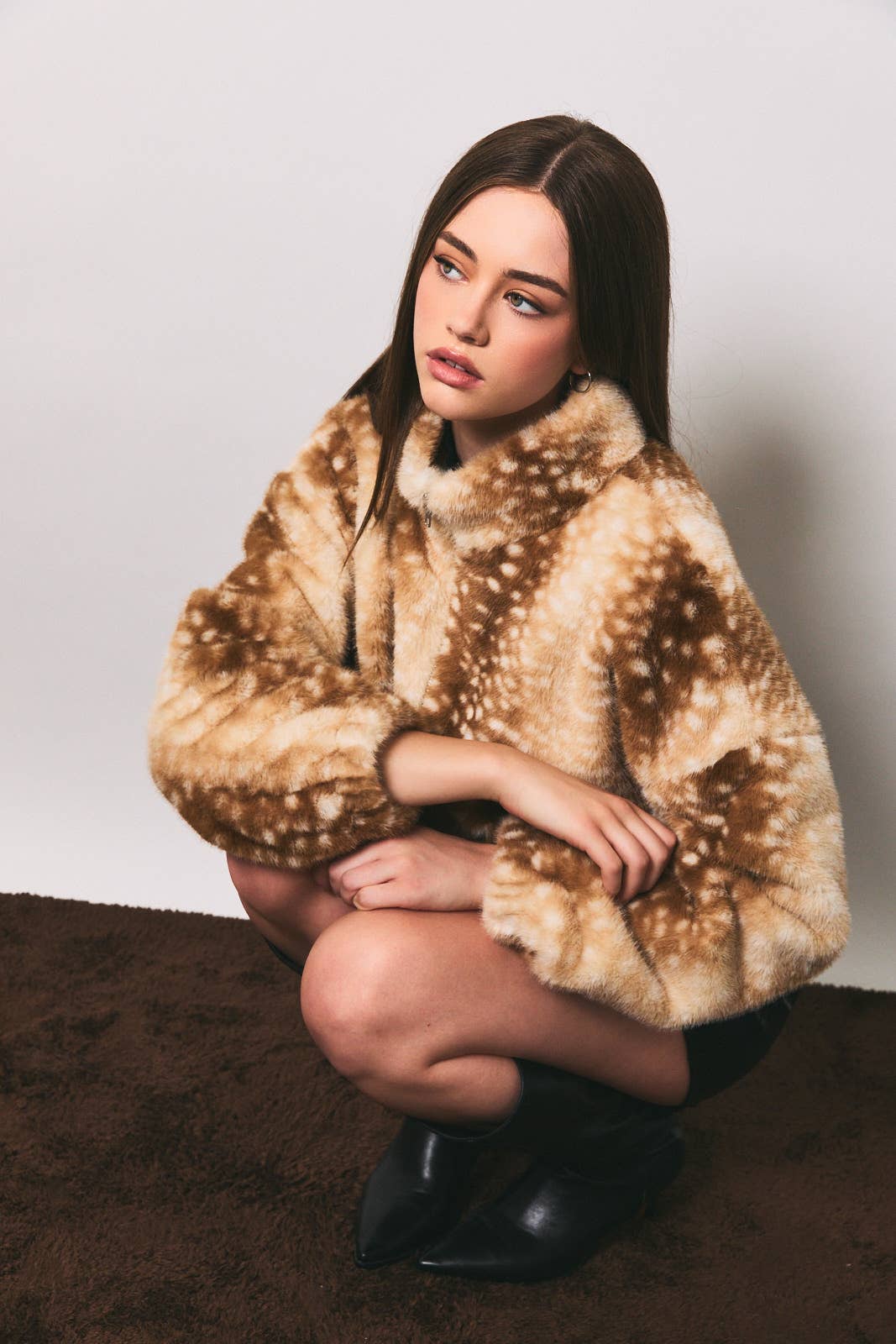 Faux Deer Print Zip Jacket
