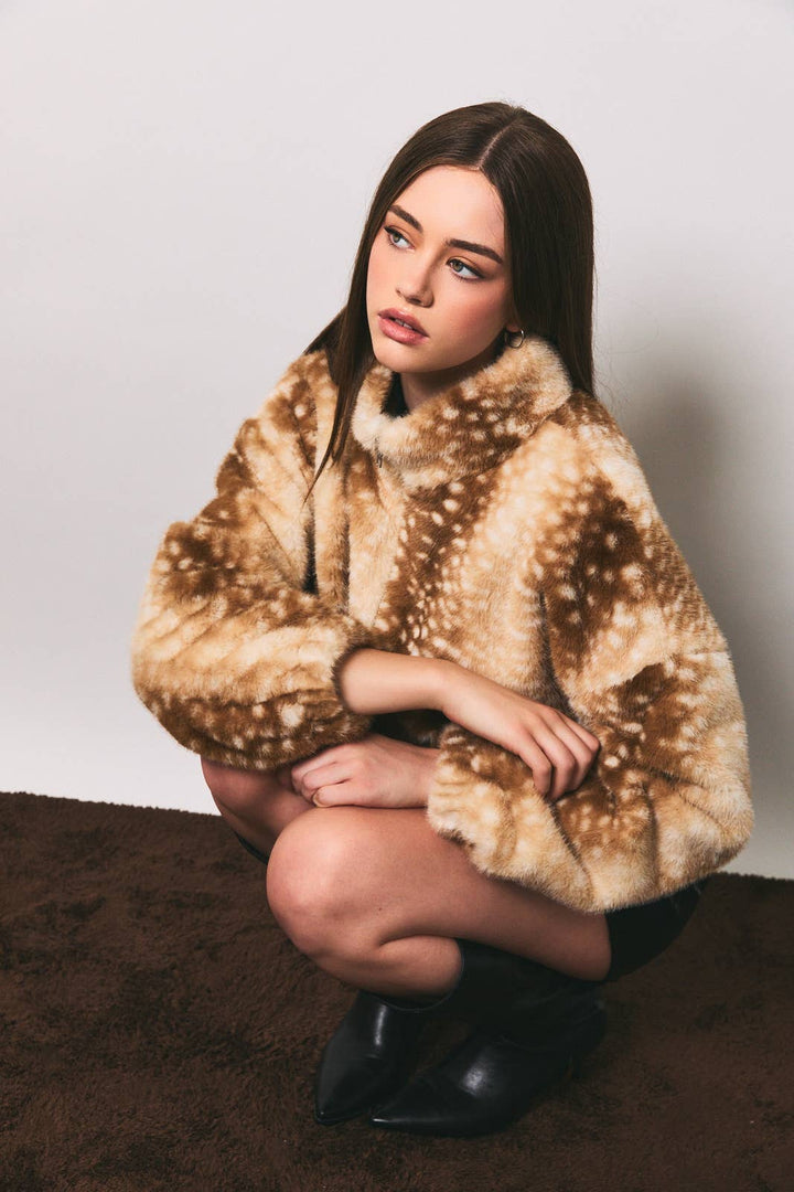 Faux Deer Print Zip Jacket