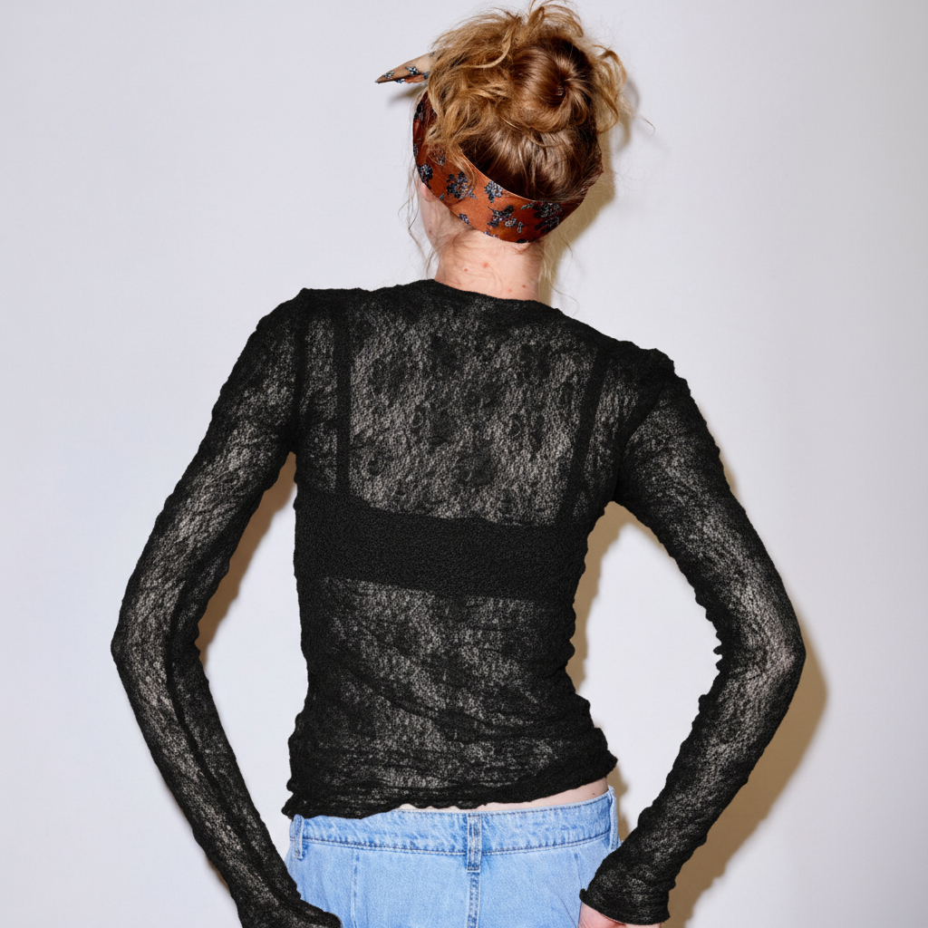 Crew neck See-through Lace Top