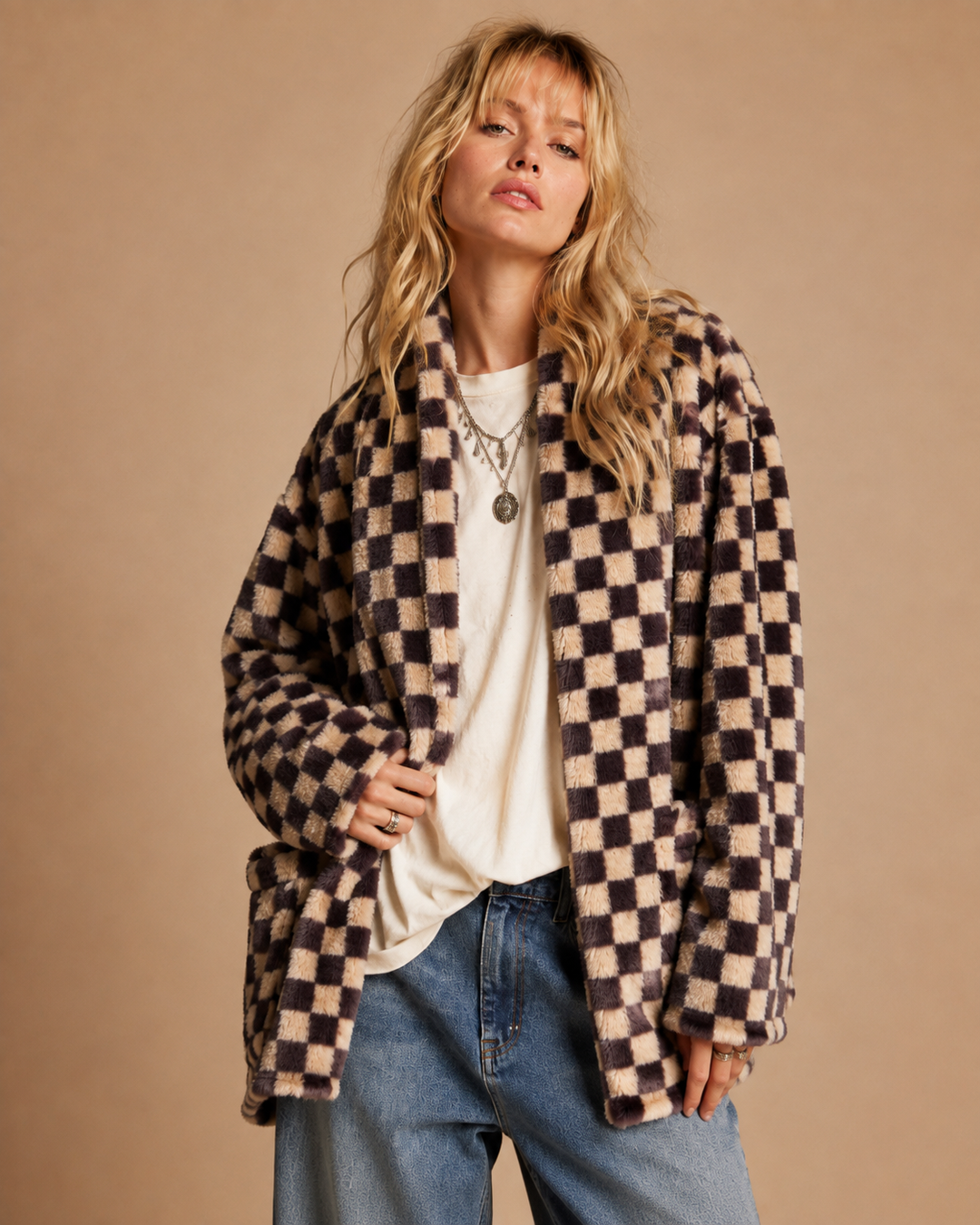 Checkmate Faux Fur Cardigan Jacket