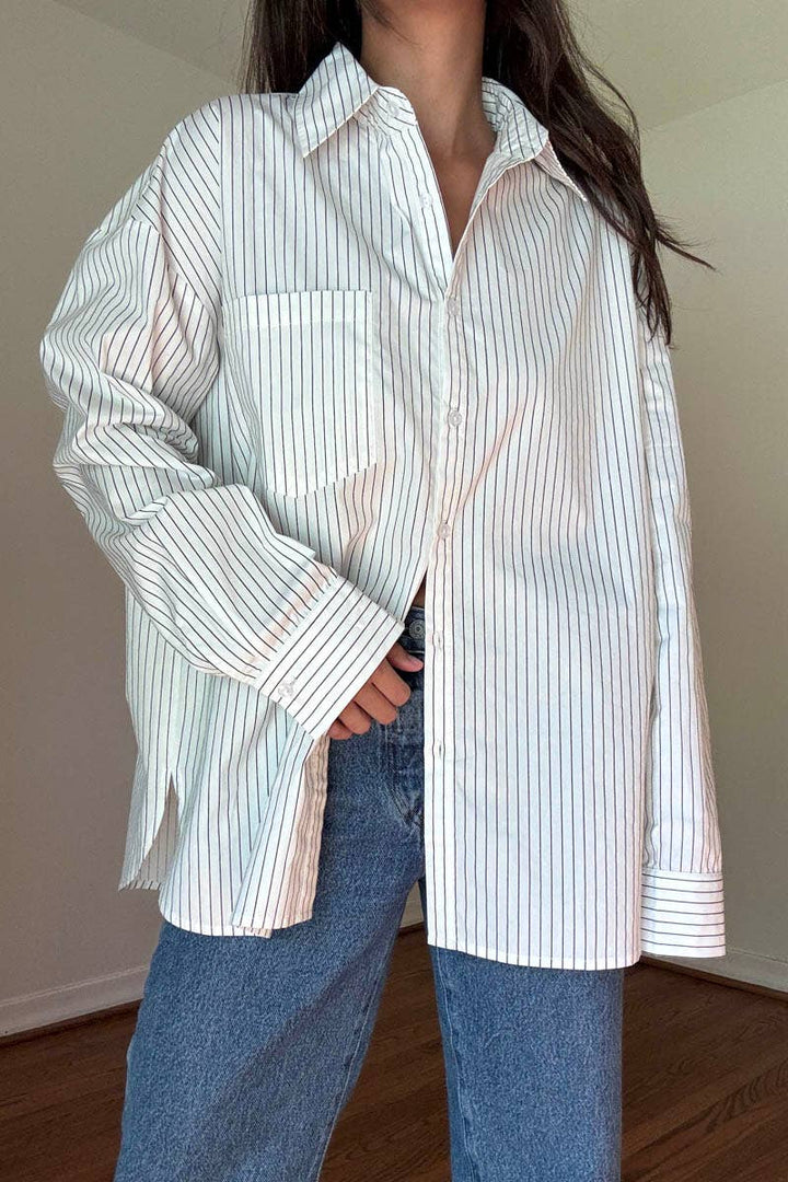 OVERSIZED PIN STRIPE BUTTON UP SHIRT