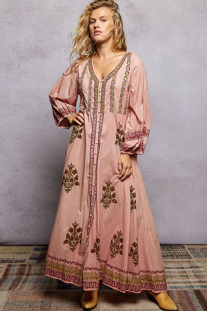 Embroidered Floral Print Maxi Dress