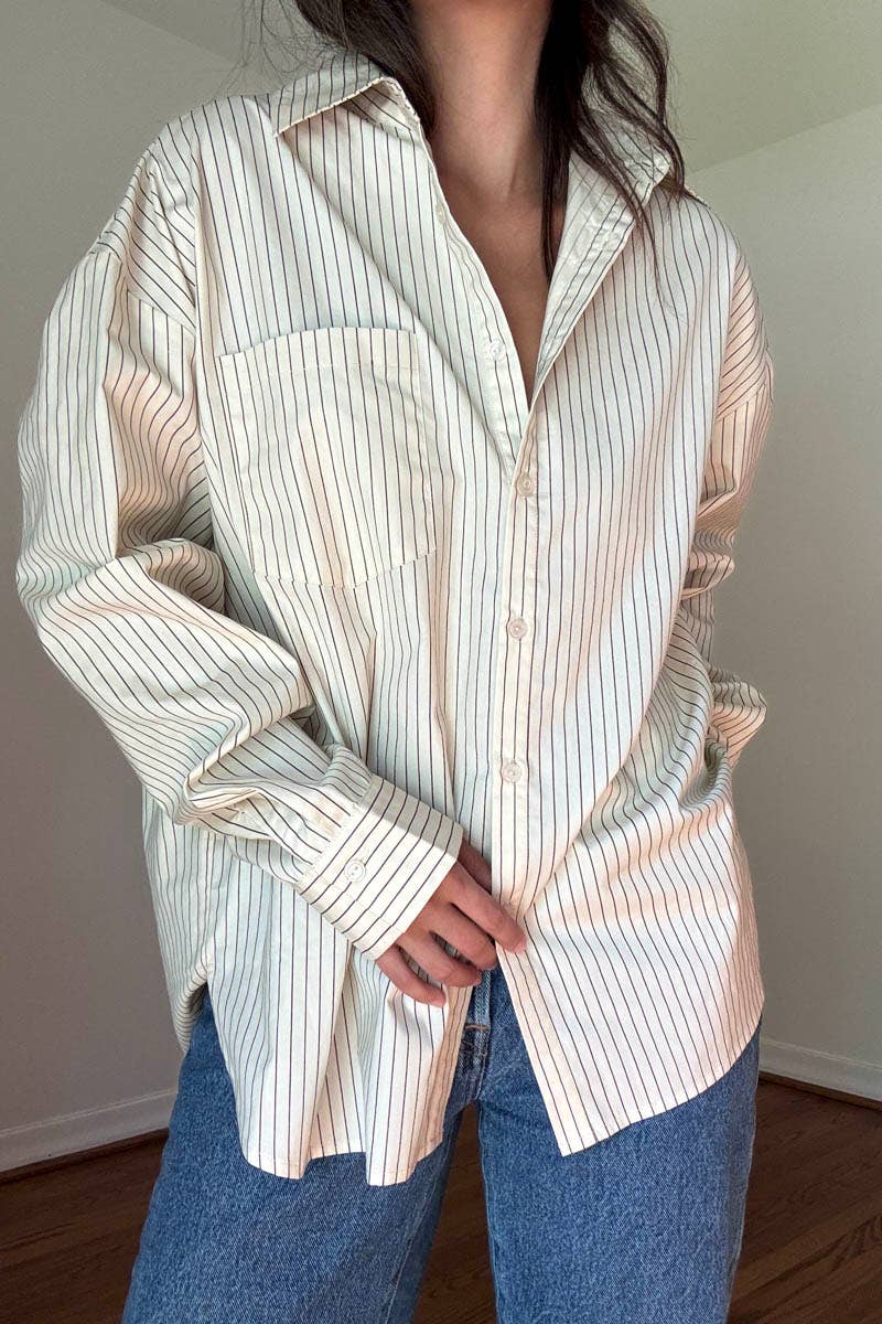 OVERSIZED PIN STRIPE BUTTON UP SHIRT