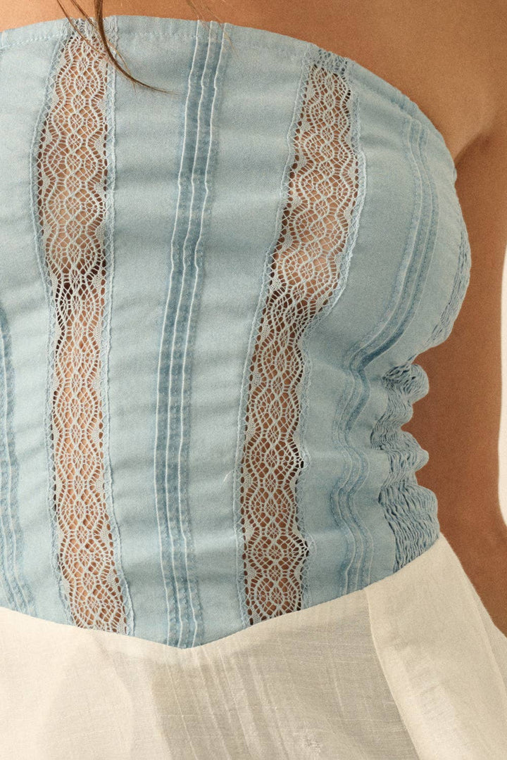 Tencel Denim &amp; Gauze Strapless Ruffled Maxi