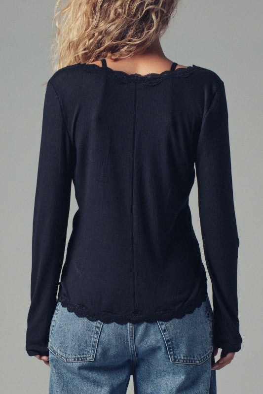 Lace Trim Button-front Ribbed Knit Top