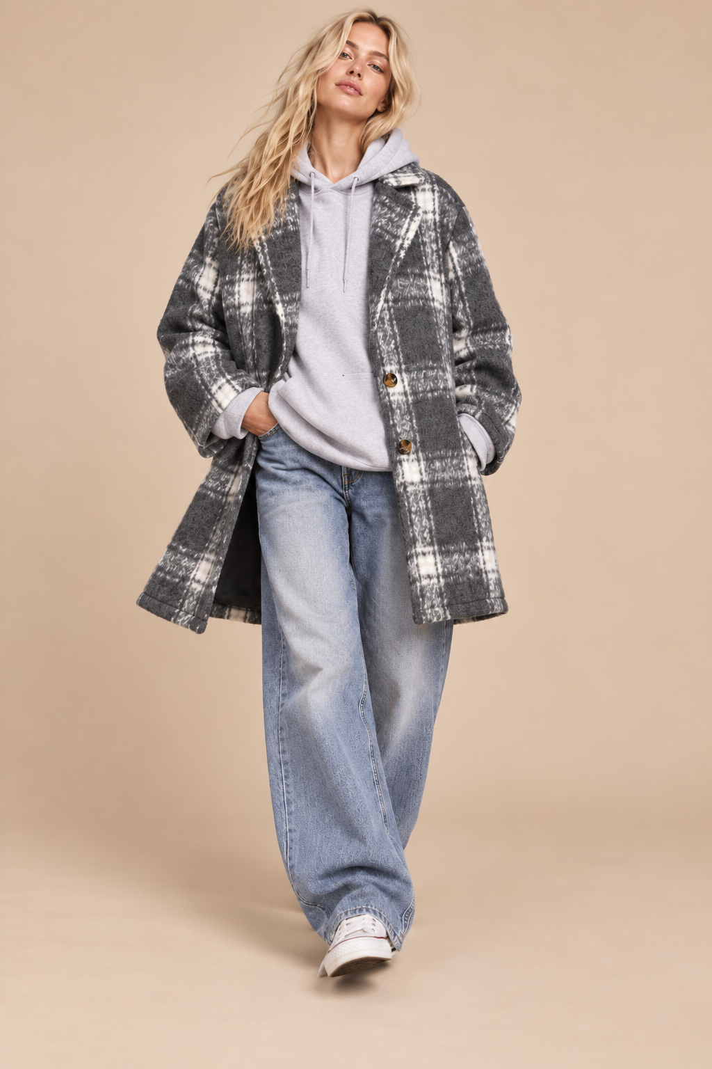 Plaid Notch-Lapel Coat