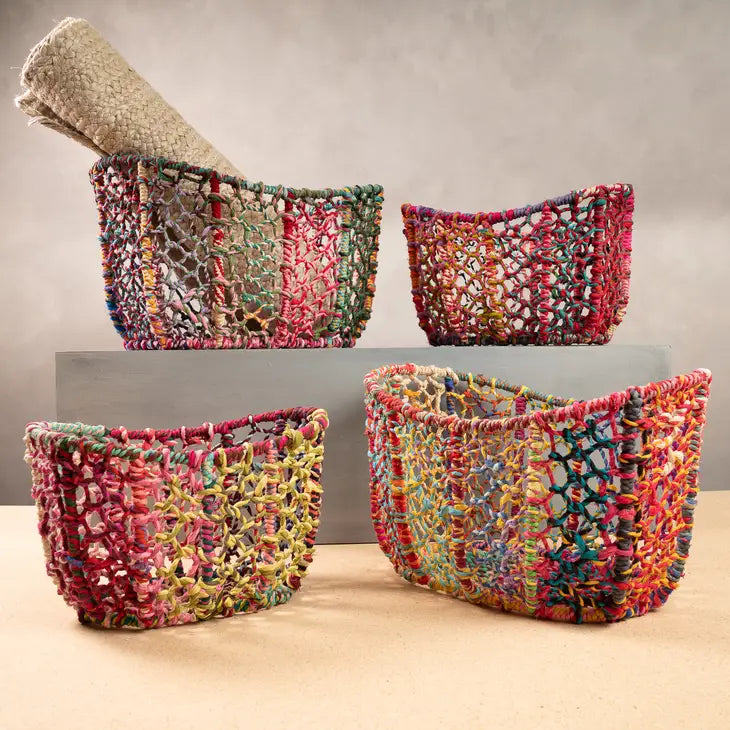 Multi-Colored Tall Oblong Jute Baskets, Set of 4