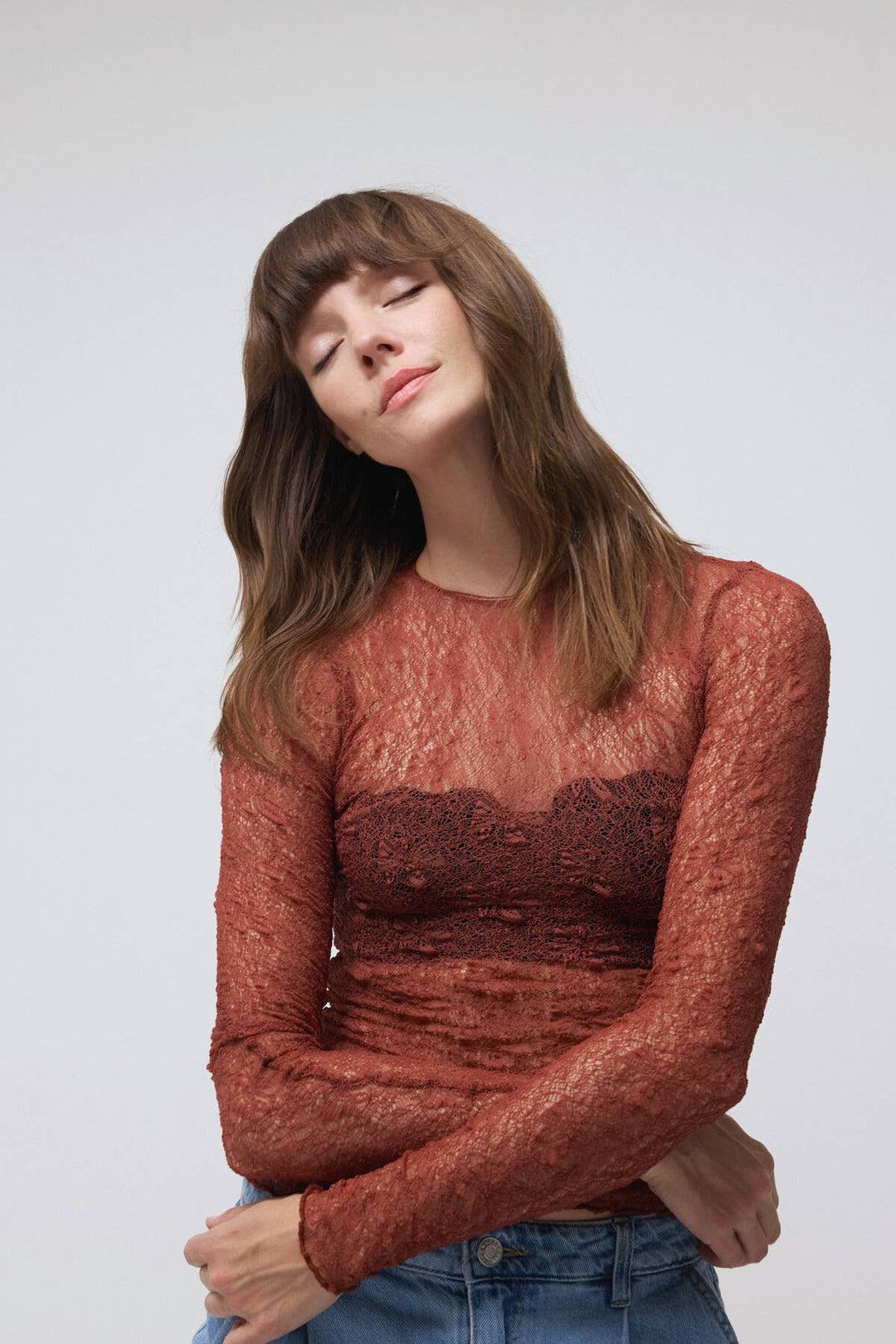 Crew neck See-through Lace Top