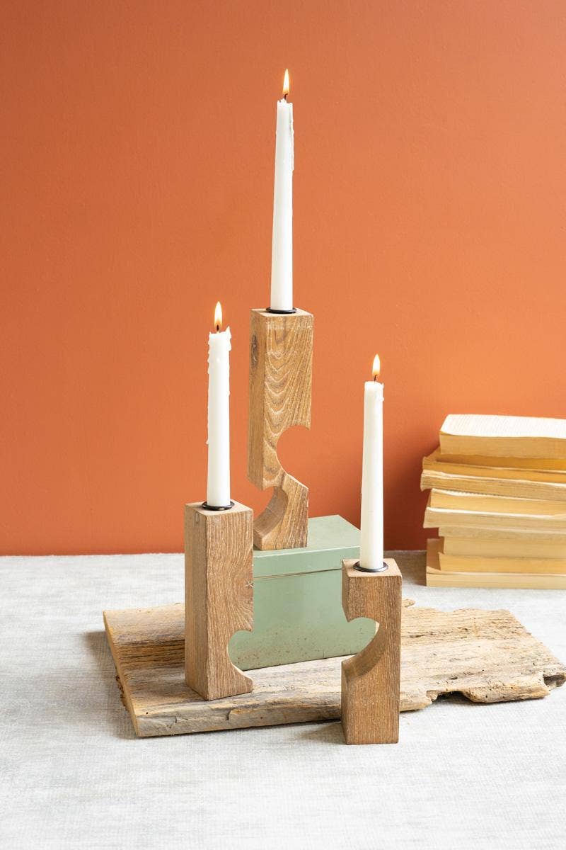 Triple Reclaimed Heart Wood Taper Candle Holder