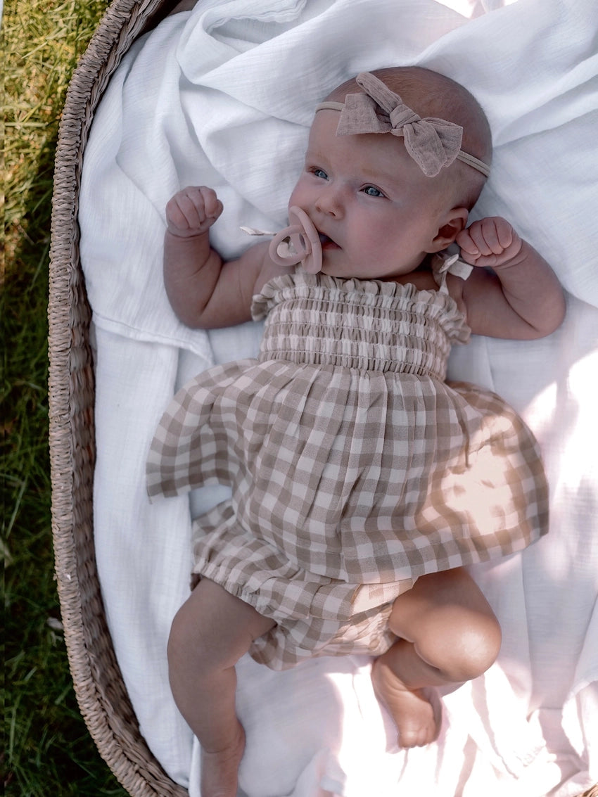 Tan Gingham Organic Smocked