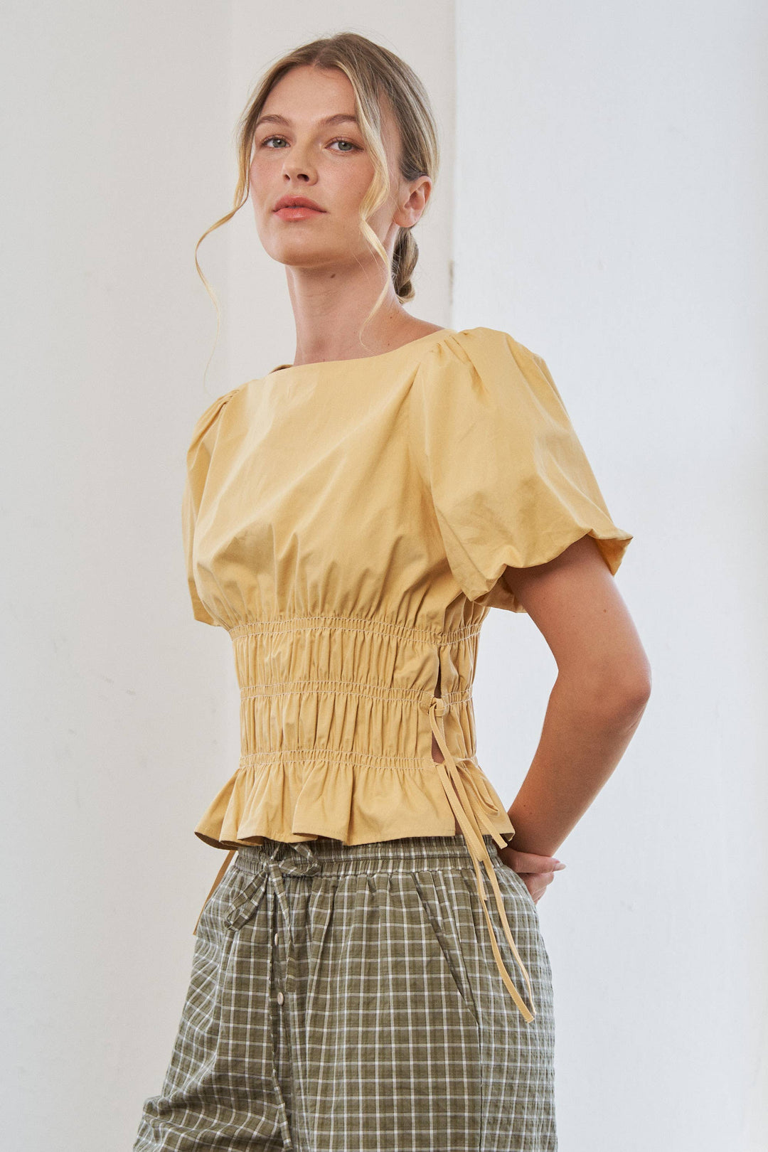 Boat Neckline Smocked Puff Sleeves Top: