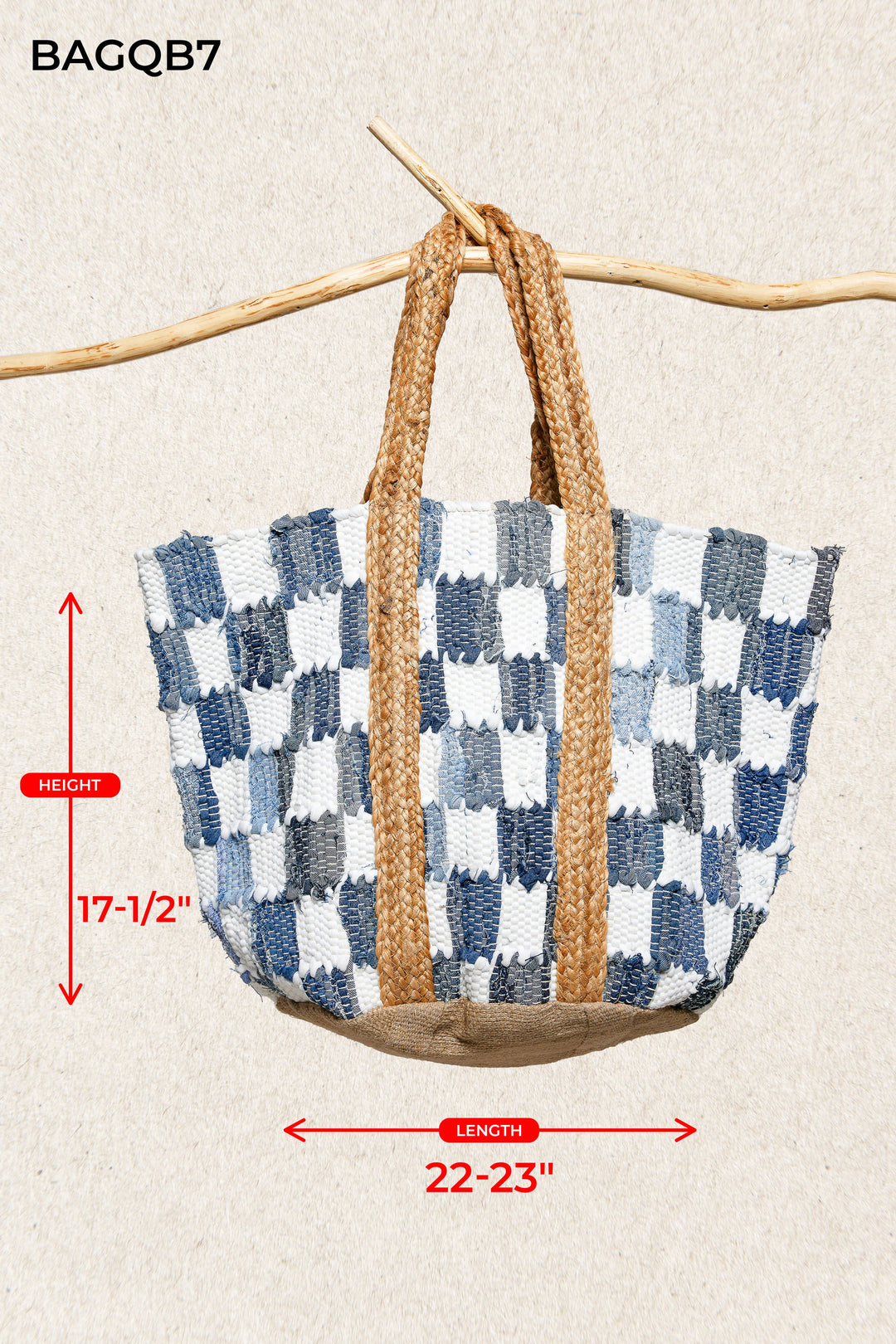 Ivory Denim Checker Woven Tote Bag