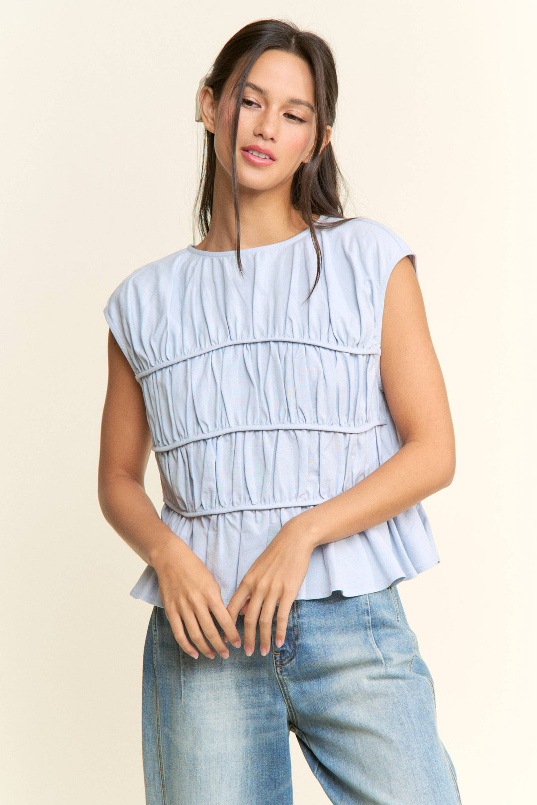 Cap Sleeve Ruched Peplum Top