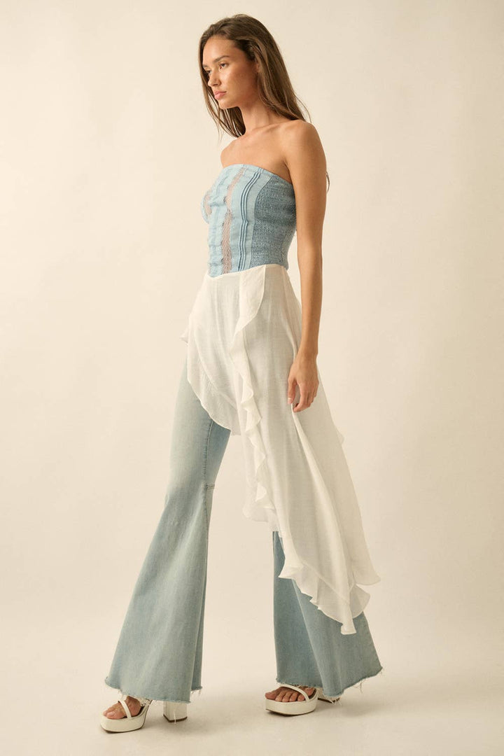 Tencel Denim &amp; Gauze Strapless Ruffled Maxi