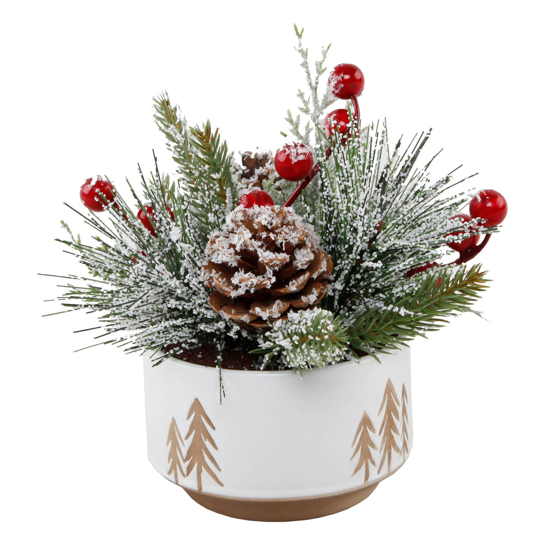 Snowy Pine & Berry Holiday Arrangement – 7”: White