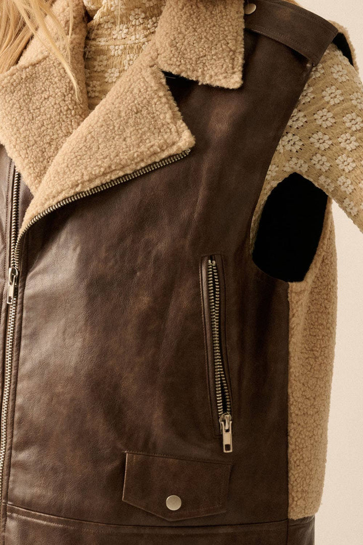Vegan Leather &amp; Fleece Motorcycle Vest